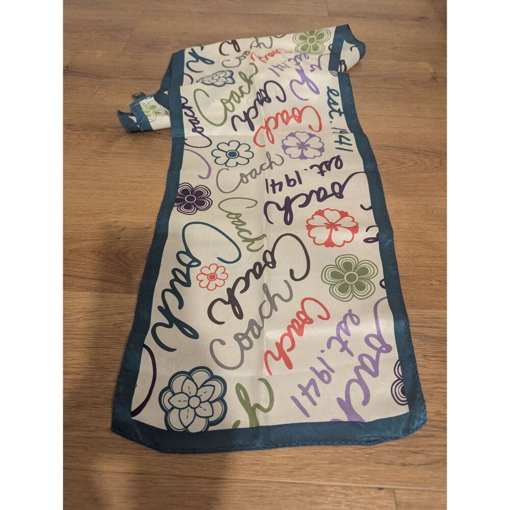 Coach Women's 100% Silk Scarf Floral Script Logo Signature Teal Long Oblong 55" - Picture 3 of 9